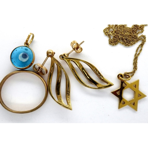 46 - Mixed 9ct gold: band ring (mis-shapen), Star of David pendant and a pair of earrings, combined 6.7g.... 