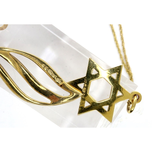 46 - Mixed 9ct gold: band ring (mis-shapen), Star of David pendant and a pair of earrings, combined 6.7g.... 