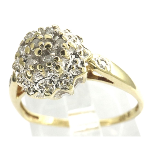 57 - 9ct gold and diamond cluster ring, size R, 2.2g. P&P Group 1 (£14+VAT for the first lot and £1+VAT f... 