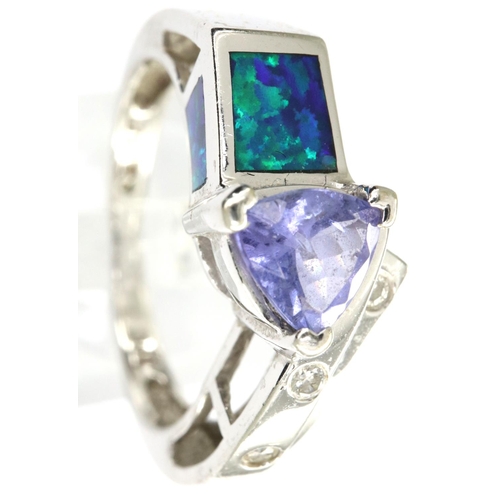 59 - 14ct white gold, tanzanite, opal and diamond ring, size N/O, 4.1g. P&P Group 1 (£14+VAT for the firs... 