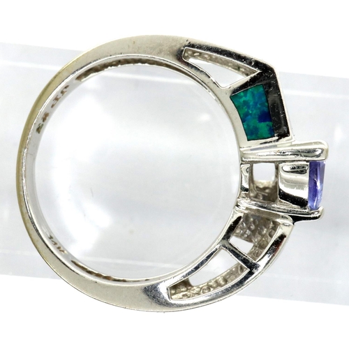 59 - 14ct white gold, tanzanite, opal and diamond ring, size N/O, 4.1g. P&P Group 1 (£14+VAT for the firs... 