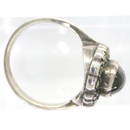 60 - Victorian moss agate and marcasite white metal ring, size M, 3.6g. P&P Group 1 (£14+VAT for the firs... 