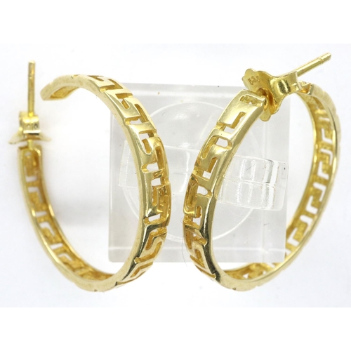 73 - A pair of 14ct gold hoop earrings, featuring Greek Key design, each D: 28 mm, combined 4.4g. No visi... 