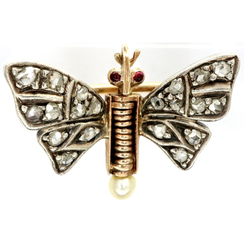 95 - Georgian (presumed, unmarked) 15ct gold butterfly form brooch, with garnet set eyes and diamond set ... 