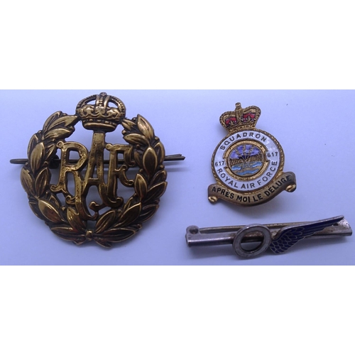 2179 - WWII RAF cap badge, a 617 enamelled lapel pin and an enamelled silver Observers badge (3). 617 badge... 