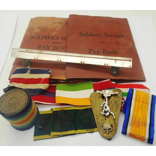 2241 - Mixed original ribbons including a roll of WWI Victory ribbon together with two soldiers service pay... 