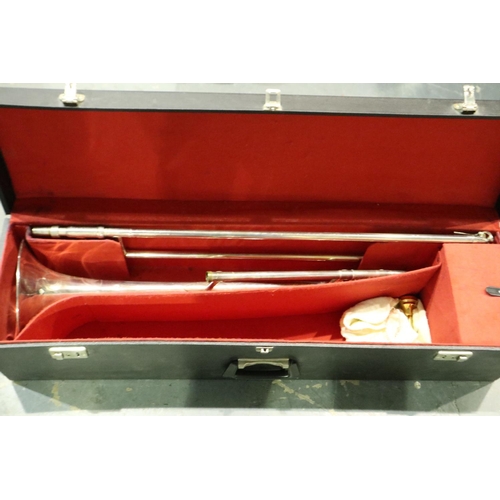 679 - Cased Antoine Courtois brevete trombone with Denis Wick London mouth piece. P&P Group 3 (£25+VAT for... 