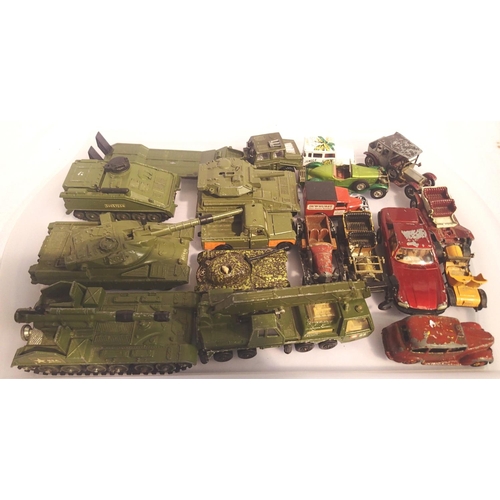 2001 - Seven Dinky model tanks together with a small collection of playworn toy cars. P&P Group 2 (£18+VAT ... 