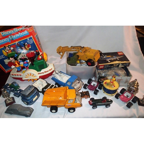 2045 - Mixed toys including Pedigree Disney show boat, Tonka Toys, Scalextric tinplate racing car, Lego, Me... 