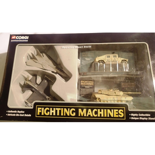 2054 - Corgi CSCWO6004 fighting machines set of four Abrams tank, HMMWV, Fig Falcon, F14 Tomcat, all in des... 