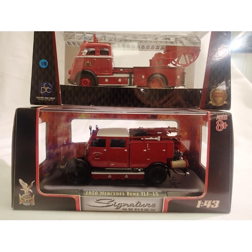 2084 - Two signature models 1/43 scale fire engines 1950 Mercedes Benz TLF-15 and 1902 DAF A1600, both in e... 