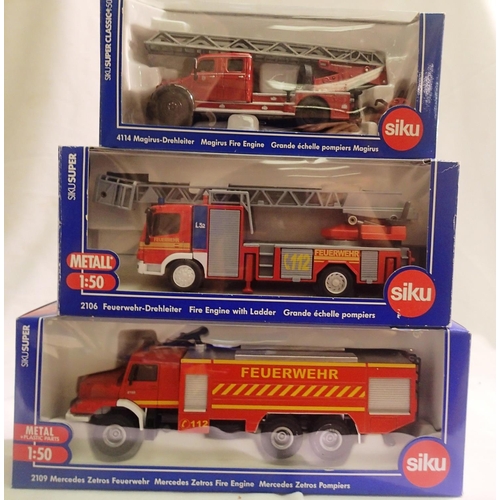 2089 - Three Siku 1/50 scale fire engines 4114- Magirus, 2106 ladder truck, 2109 Mercedes Zetros, all in ex... 