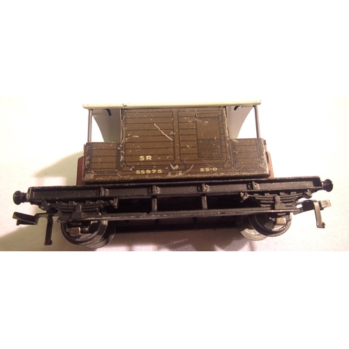 2133 - Five Hornby Dublo three rail coaches, plus fifty wagons, including S.R Brake van with sand boxes. Mo... 