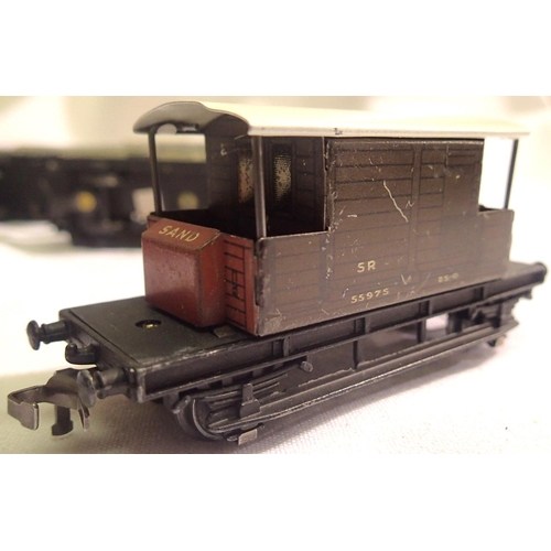 2133 - Five Hornby Dublo three rail coaches, plus fifty wagons, including S.R Brake van with sand boxes. Mo... 