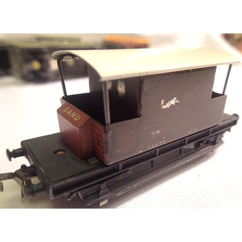 2133 - Five Hornby Dublo three rail coaches, plus fifty wagons, including S.R Brake van with sand boxes. Mo... 