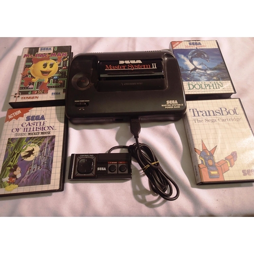 2185 - Sega Master System II base unit with one controller and four games. Three complete with paperwork, C... 