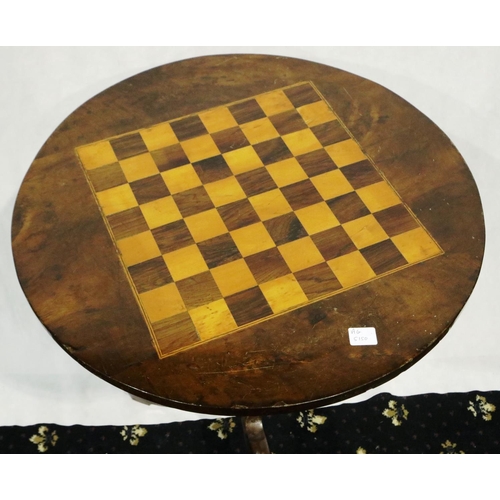 3006 - ***WITHDRAWN***A 19th century inlaid burr walnut chess top table with tripod support, D: 50 cm, H: 7... 