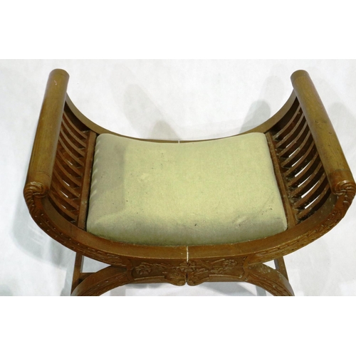 3011 - A 20th century Savoronola style dressing stool with carved frame, 63 x 38 x 64 cm H, some splits to ... 