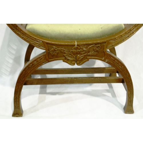 3011 - A 20th century Savoronola style dressing stool with carved frame, 63 x 38 x 64 cm H, some splits to ... 