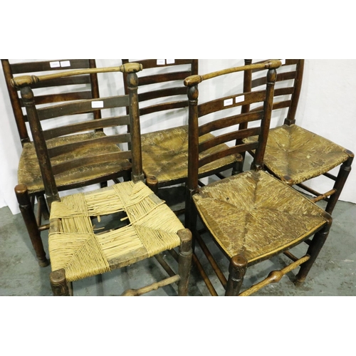 3014 - A set of five 19th century country oak ladderback chairs with rush seats. Not available for in-house... 