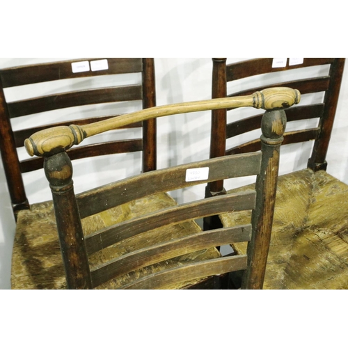 3014 - A set of five 19th century country oak ladderback chairs with rush seats. Not available for in-house... 