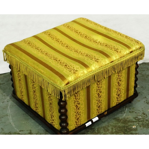 3015 - An early 20th century oak framed ottoman, with fringed gold upholstery, 62 x 56 x 40 cm H, one piece... 