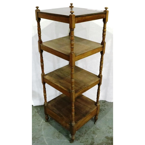 3020 - An early 20th century walnut etagere, two shelves and with single drawer, 42 x 39 x 121 cm H, splits... 