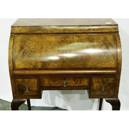 3036 - An early 20th century burr walnut Bonheur du jour with cylinder front and fitted interior, 70 x 44 x... 