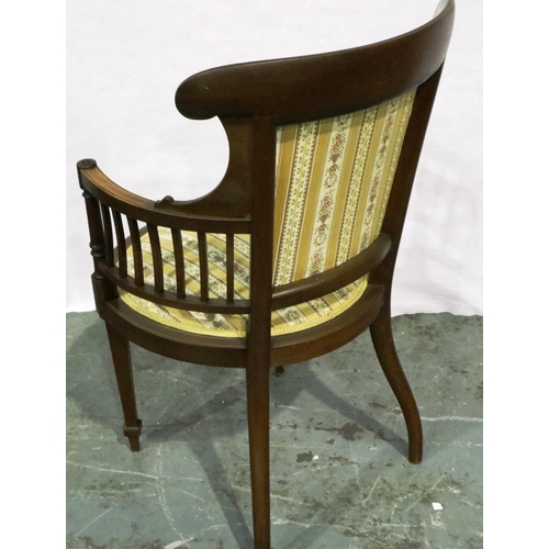 3045 - An Edwardian inlaid walnut elbow chair with circular upholstered seat and tapering supports. Not ava... 