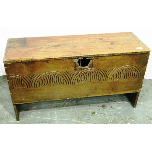 3048 - An 18th century pine coffer of simple construction with two plank top and later carved front, 99 x 3... 