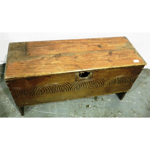 3048 - An 18th century pine coffer of simple construction with two plank top and later carved front, 99 x 3... 