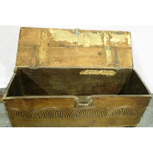 3048 - An 18th century pine coffer of simple construction with two plank top and later carved front, 99 x 3... 