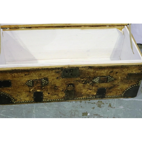 3051 - Twin handled leather bound and steel mounted pony chest, dome top and lined interior, 85 x 38 x 40 c... 