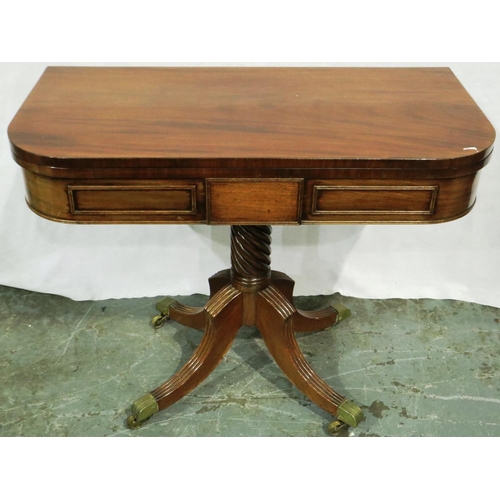 3063 - Victorian mahogany fold over tea table on a watcher foil base with brass castors, open 92 x 92 x 74 ... 