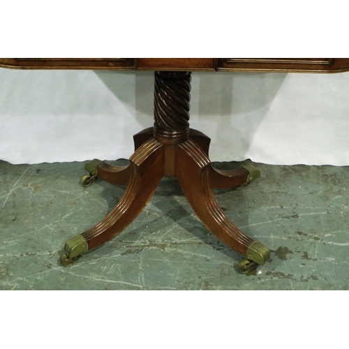 3063 - Victorian mahogany fold over tea table on a watcher foil base with brass castors, open 92 x 92 x 74 ... 