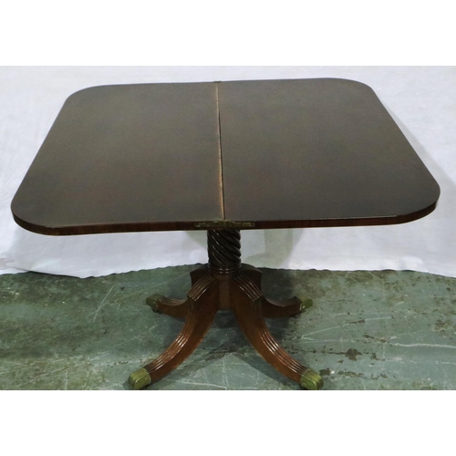 3063 - Victorian mahogany fold over tea table on a watcher foil base with brass castors, open 92 x 92 x 74 ... 