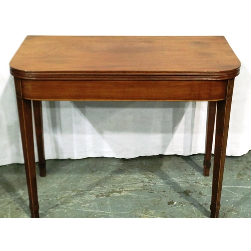 3074 - An Edwardian walnut fold over tea table raised on inlaid and tapering supports, 90 x 90 x 73 cm H, o... 