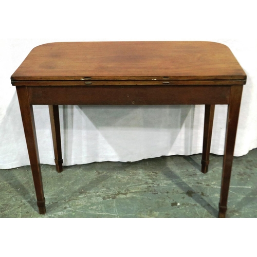 3074 - An Edwardian walnut fold over tea table raised on inlaid and tapering supports, 90 x 90 x 73 cm H, o... 