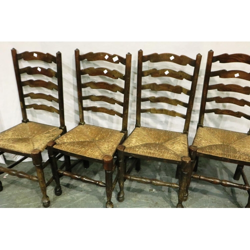 3078 - Four ladder back country oak kitchen chairs with rushed seats and ball feet. Not available for in-ho... 