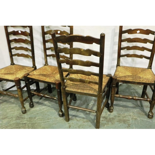 3078 - Four ladder back country oak kitchen chairs with rushed seats and ball feet. Not available for in-ho... 