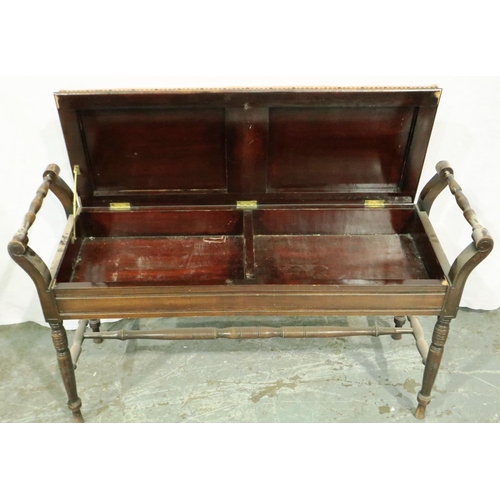 3079 - An Edwardian mahogany duet piano stool, with upholstered lift up seat, 103 x 34 x 60 cm H. Not avail... 