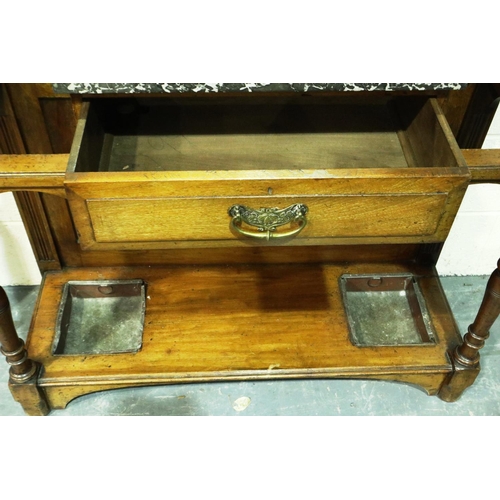 3091 - A large Edwardian walnut hall stand with marble shelf, brass hat hooks and tin drip trays, good orde... 