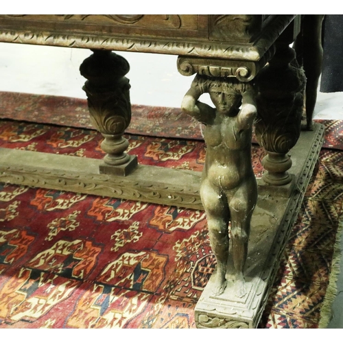 3093 - A Victorian oak centre table, carved in the Jacobean manner, with figural and bulbous supports, 185 ... 