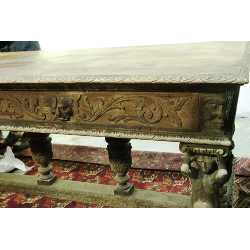 3093 - A Victorian oak centre table, carved in the Jacobean manner, with figural and bulbous supports, 185 ... 