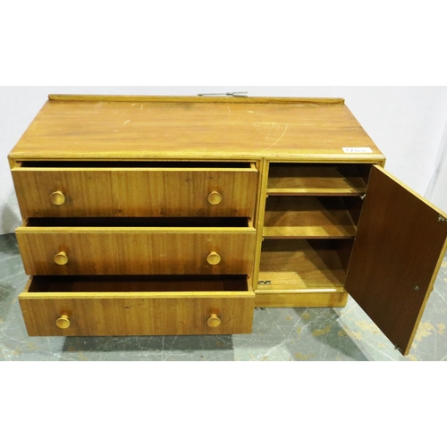 3102 - Meredew mid 20th century bedroom dresser, asymmetric of three drawers and cupboard door, top worn, n... 