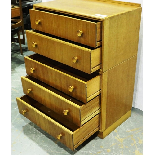 3106 - Meredew mid 20th century chest of five long drawers, 76 x 46 x 104 cm H. Not available for in-house ... 