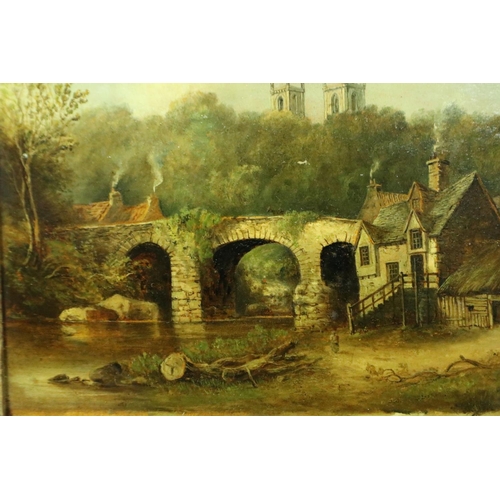 3146 - An unattributed Victorian oil on board, bridge and river scene, 20 x 26 cm. Not available for in-hou... 