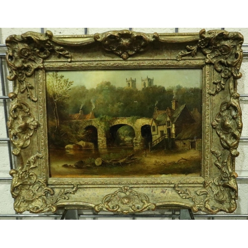 3146 - An unattributed Victorian oil on board, bridge and river scene, 20 x 26 cm. Not available for in-hou... 