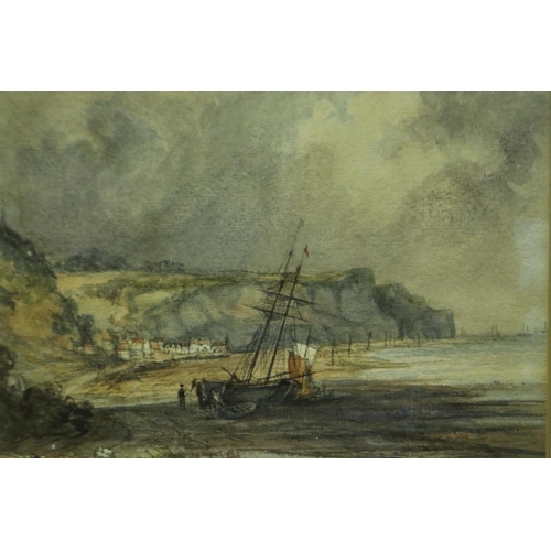 3150 - Unattributed watercolour of beached sailing vessel at Whitby, 24 x 19 cm, unsigned. Not available fo... 