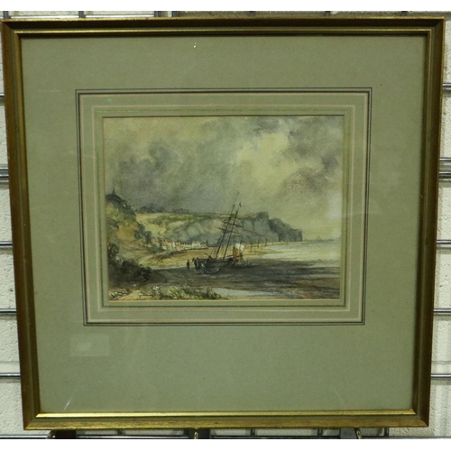 3150 - Unattributed watercolour of beached sailing vessel at Whitby, 24 x 19 cm, unsigned. Not available fo... 